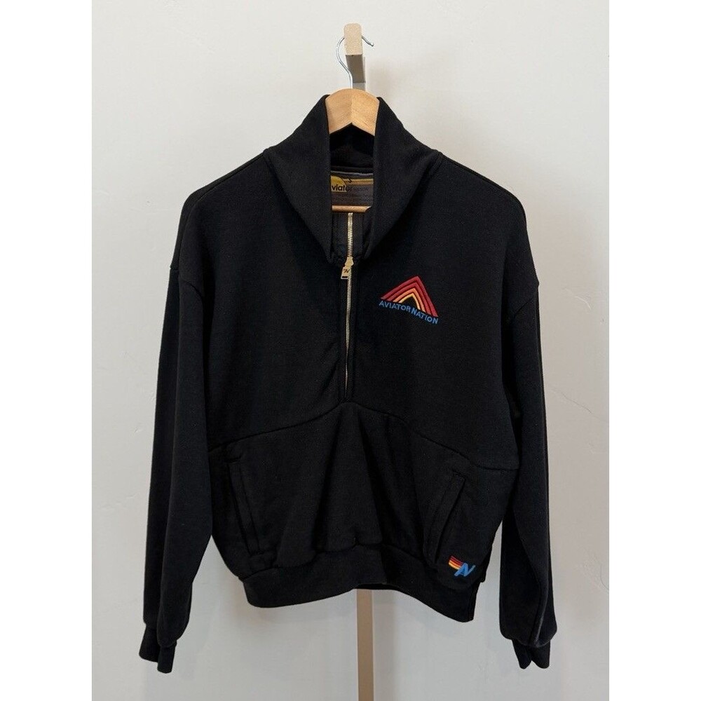 Aviator Nation Mountain Embroidery Half Zip Sweatshirt Unisex Sz S Black Rainbow